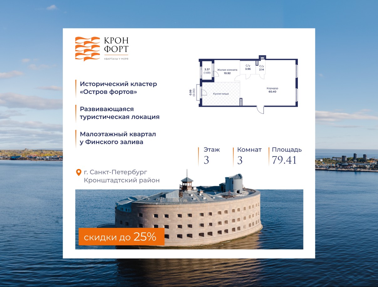 3-комнатная, 79.41 м2, квартал «Кронфорт.Центральный»