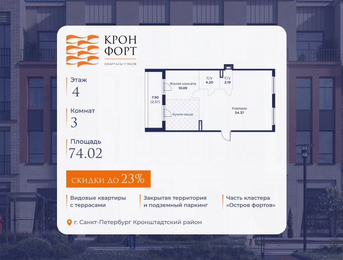 3-комнатная, 74.02 м2, квартал «Кронфорт.Центральный» 3-комнатная, 74.02 м2, квартал «Кронфорт.Центральный»